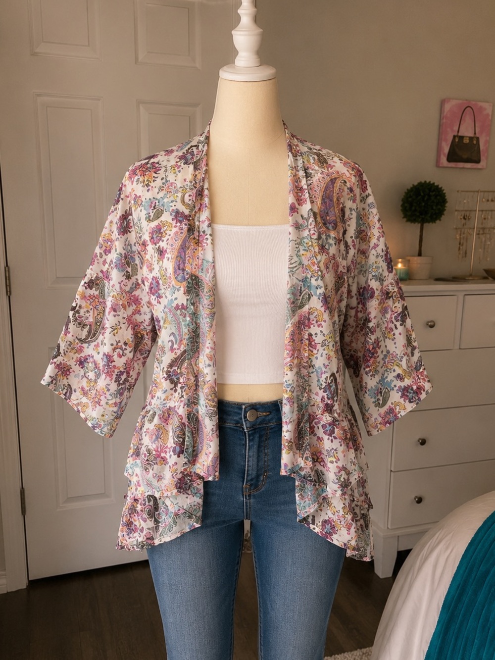 American Eagle Outfitters Floral Paisley Open-Front Kimono - White & Multicolor